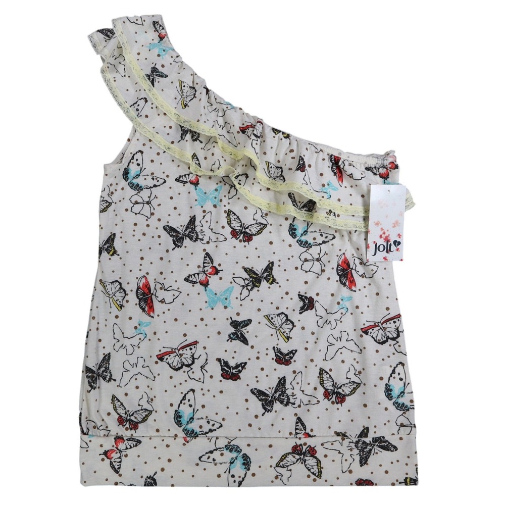 Jolt One Shoulder Top Womens Medium NWT Butterfly Print Ruffle Lace Trim Cream